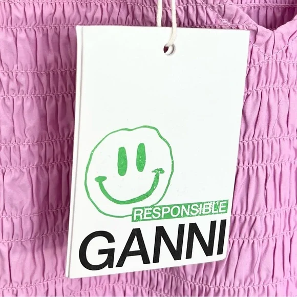 NWT GANNI COLOUR BLOCK Organic COTTON POPLIN SMOCKED MINI DRESS IN PHLOX PINK 38 - Picture 15 of 17